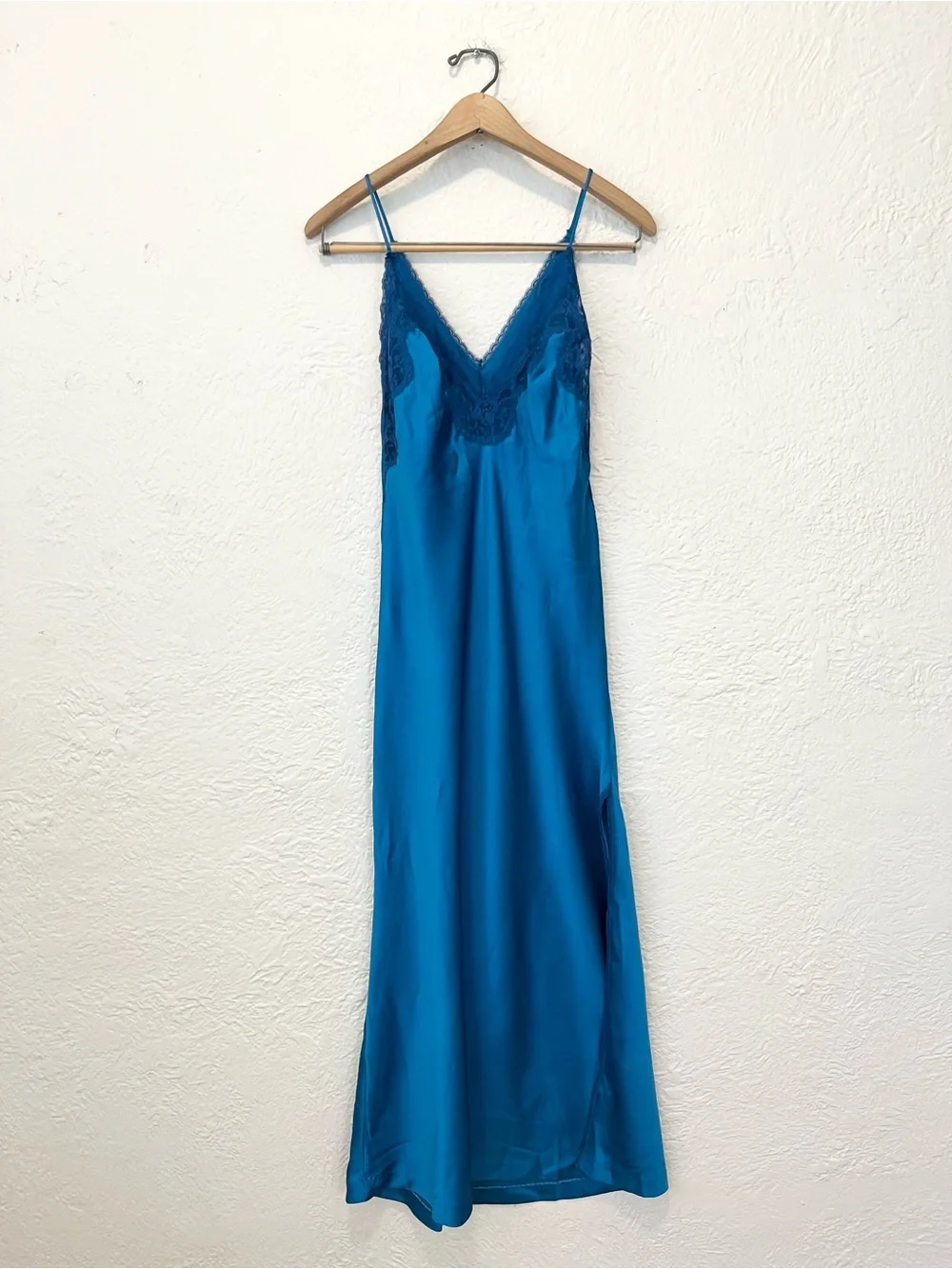 Vintage Slip Dress Chemise Blue Satin Lace Trim size Small S Romantic Fairy - Picture 7 of 13